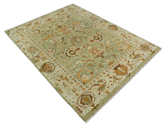 Traditional Vintage Persian Hand Knotted Oushak Rug Green and beige Multi Size Ideal for Living, Bedroom, and Dining Rooms | CP618