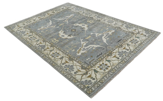 Traditional Oriental Oushak Hand knotted Silver, Ivory and Beige 9x12 ft Bedroom, Living Room Rug ,wool Area Rug