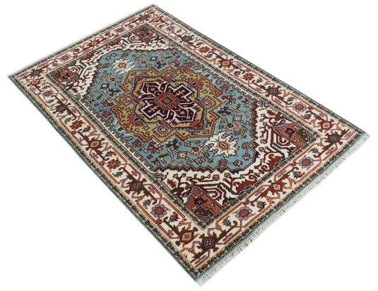 Hand Knotted Heriz Serapi Rug Aqua Blue, Ivory and Rust 5x8, 4x6, 3x5 ft Ideal for Living, Bedroom, and Dining Rooms | CP1880S