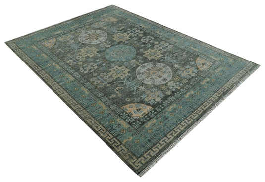 Hand Knotted Oushak Rug Charcoal, Aqua and Beige Multi Size Ideal for Living, Bedroom, and Dining Rooms |CP1713