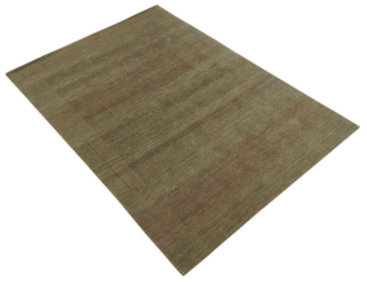 Modern Geometrical Pattern Handloom Brown and Olive 5x7 ft Bedroom, Living Room Rug , Wool, Art Silk  Area Rug AAOC657