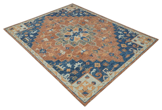 Custom Made Medallion Floral Blue, Silver, Ivory And Dark Peach Hand Tufted Wool Area Rug