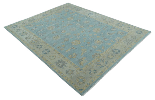 Custom Made Traditional Floral Hand Knotted Light Blue And Beige Wool Area Rug