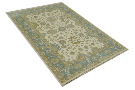 Custom Made Hand Knotted Oushak Cream, Beige, Ivory, Blue And Gold Wool Area Rug