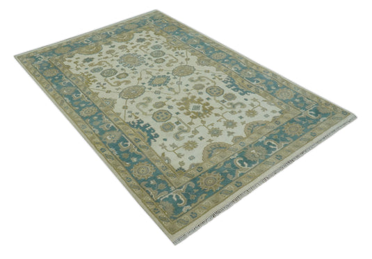 Hand Knotted Beige, Camel and Teal Oushak Rug 6x9 ft Ideal for Living, Bedroom And Dining Rooms | CP233669