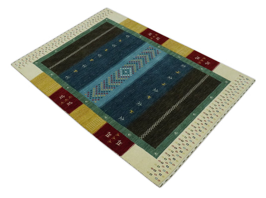 Custom Made Lori Gabbeh Ivory, Black, Maroon, Yellow And Green Handloomed Wool Area Rug