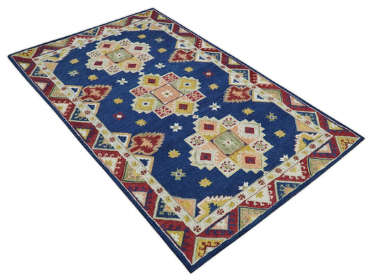 Custom Made Blue, Maroon, Olive, Ivory And Light Peach Hand Tufted  Wool Area Rug