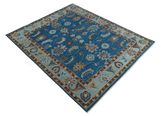 Traditional Floral Oushak Hand Knotted Blue, Gray, Silver, Maroon And Peach 8x10 ft Bedroom, Living Room Rug Wool Area Rug