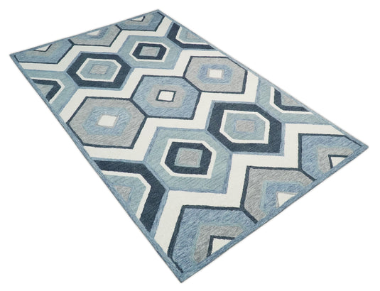 Custom Made Geometrical Honeycomb Pattern Ivory, Blue And Gray Hand Tufted  Wool Area Rug