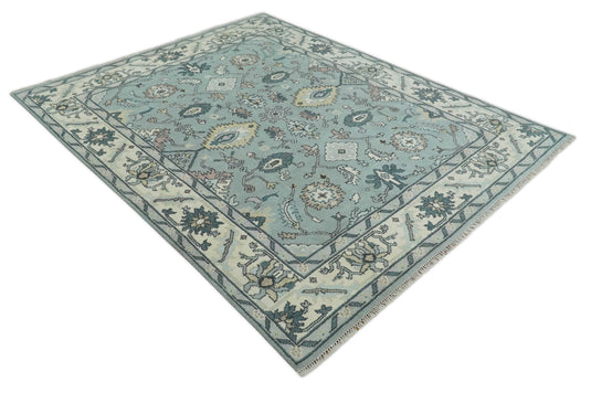 Oriental 8x10 Hand Knotted Blue And Ivory tradtional Antique Oushak Wool Area Rug