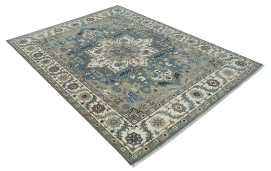Vintage look Ivory, Charcoal and Olive Hand knotted Traditional 9x12 Heriz Serapi wool Area Rug