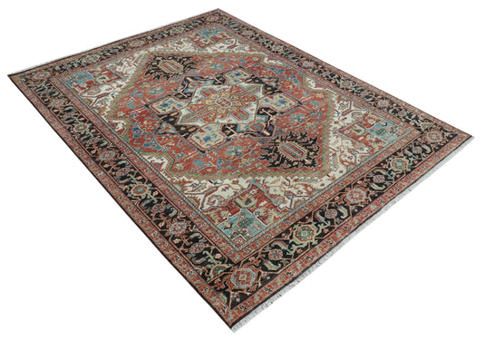 Vintage look Rust, Ivory and Black Hand knotted 8x10 Traditional Heriz wool Area Rug