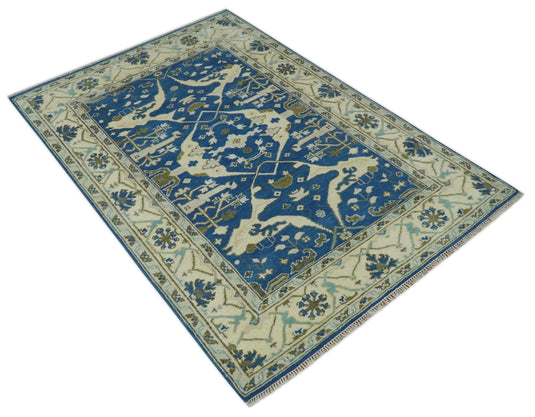 Custom Made Hand Knotted Oriental Oushak Blue, Ivory And Olive Wool Area Rug