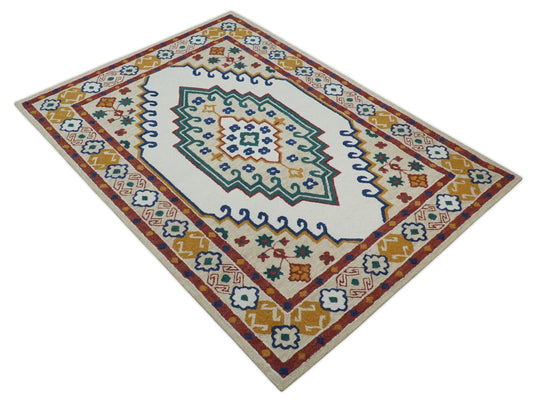 Custom Made Traditional Medallion Pattern Ivory, Green, Blue And Rust Hand Tufted  Wool Area Rug