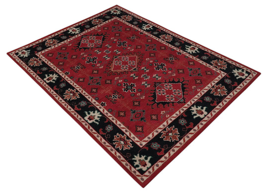 Custom Made Traditional Tribal Pattern Red and Black Hand Knotted wool Area Rug