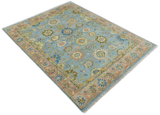 Hand Knotted Traditional Oushak Rug Blue and Rust 3X5,4x6, 5x8, 6x9, 8x10, 9x12,10x14 and 12x15 ft Ideal for Living, Bedroom, and Dining Rooms | CP131S