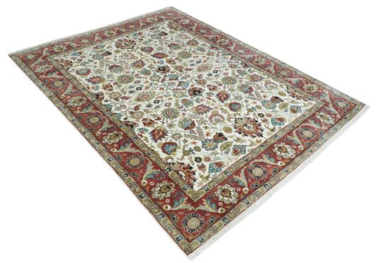 Beautiful Premium look Hand knotted Ivory and Red 8x10 wool Area Rug