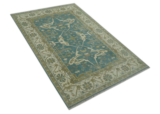 Custom Made Hand Knotted Ivory, Teal,Beige and Camel Oriental Oushak Rug Wool Area Rug