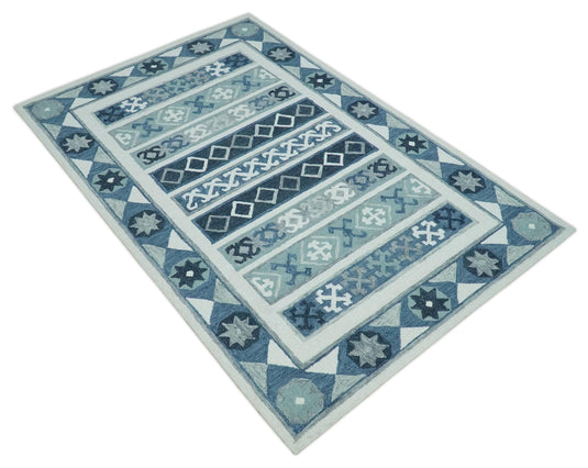 Custom Made Blue, Teal, Ivory And Charcoal Tribal Pattern Hand Tufted Wool Area Rug