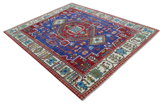 Hand knotted Maroon, Electric Blue and Ivory Multi Size Traditional Heriz Serapi wool area rug | CP1318