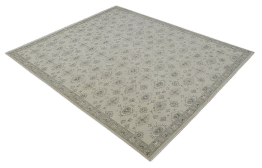 Custom Made Modern Geometrical Gray And Ivory Hand Knotted Wool Area Rug