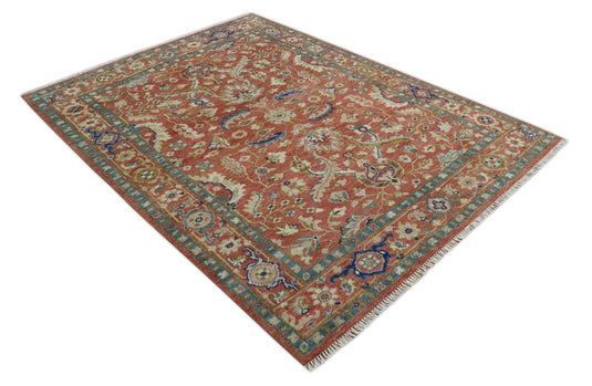 Rust, Blue, Ivory And Teal Persian Floral Hand Knotted 8x10 ft Bedroom, Living Room Rug Wool Area Rug