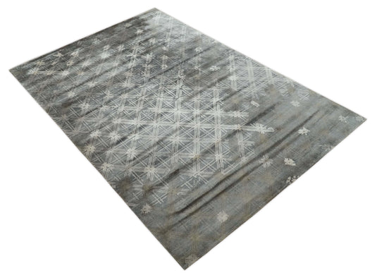 Modern Geometrical Hand knotted Gray, Charcoal and Beige 6x9 ft Bedroom, Living Room Rug Viscose Area Rug