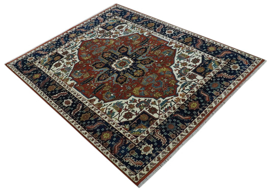 Traditional Premium look Heriz Serapi Hand knotted Rust, Ivory and Navy Blue 8x10 ft Bedroom, Living Room Rug ,wool Area Rug