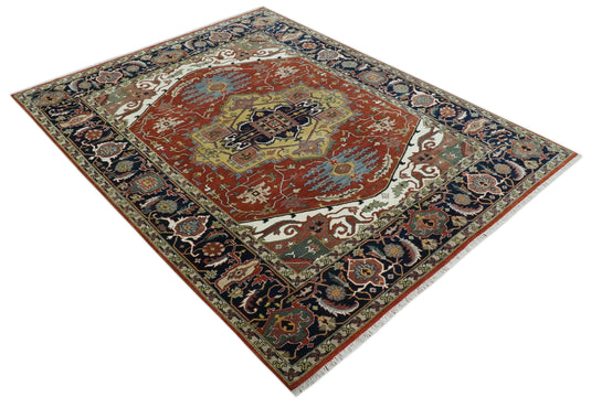 Traditional Premium look Heriz Serapi Hand knotted Blue, Rust and Ivory 8x10 ft Bedroom, Living Room Rug ,wool Area Rug