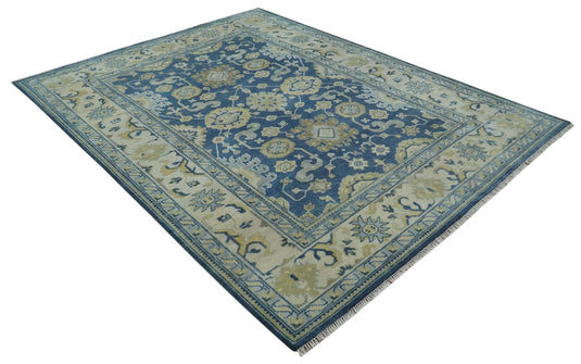 Traditional Oriental Oushak Hand knotted Blue and Beige 9x12 wool Area Rug