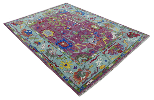 Hand Knotted Vibrant Colorful Oriental Oushak Rug Green and Purple 9x12 ft Ideal for Living, Bedroom, and Dining Room