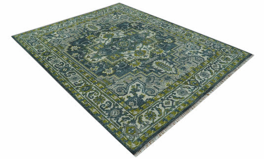 Antique Style Traditional Heriz Green and Gray Hand Knotted Wool Rug 8x10 ft Ideal for Living, Bedroom And Dining Rooms