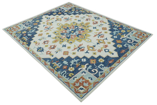 Custom Made Ivory, Blue, Rust And Olive Medallion Floral Hand Tufted Wool Area Rug