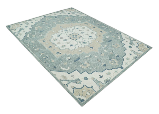 Custom Made Floral Medallion Ivory, Gray, Camel And Blue Hand Tufted Wool Area Rug