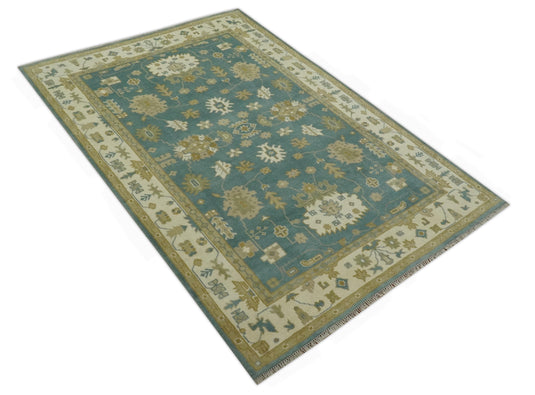 Custom Made Hand Knotted Teal And Beige Classic Oriental Oushak Rug Wool Area Rug