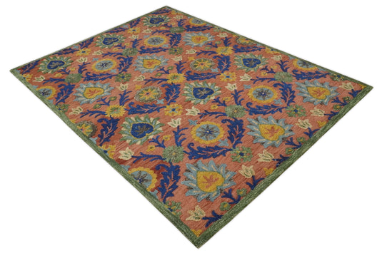 Custom Made Colorful Peach, Blue, Green And Gold Traditional Floral Hand Tufted Wool Area Rug