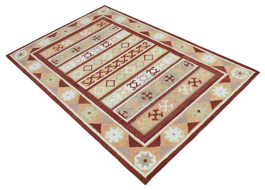 Custom Made Geometrical Maroon, Ivory, Beige And Light peach Hand Tufted  Wool Area Rug