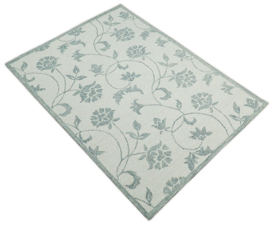 Custom Made Ivory And Gray Floral Hand Tufted Wool Area Rug