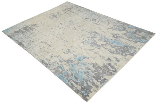 Abstract Pattern Blue, Beige And Charcoal Hand Carved 8x10 ft Bedroom, Living Room Rug Art Silk Area Rug