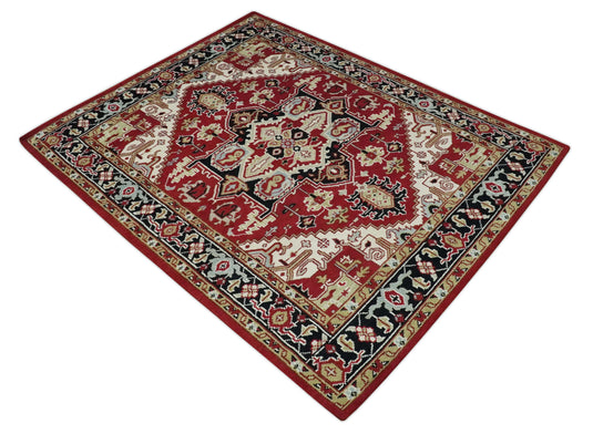 Custom Made Traditional Medallion Pattern Red, Black, Beige and Ivory Hand Knotted wool Area Rug