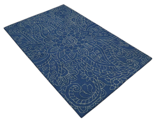 Custom Made Floral Pattern Blue And Gray Hand Tufted  Wool Area Rug