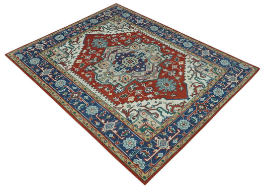 Custom Made Traditional Medallion Pattern Red, Blue and Ivory Hand Knotted wool Area Rug