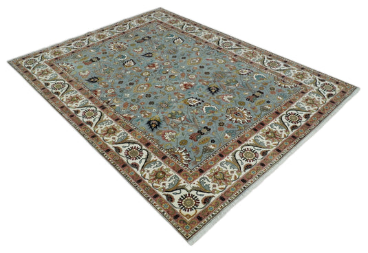 Traditional Turkish Light Blue, Ivory and Peach Floral 9x12 Hand knotted wool Area Rug