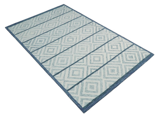 Custom Made Modern Geometrical Pattern Ivory, Gray And Blue Hand Tufted  Wool Area Rug