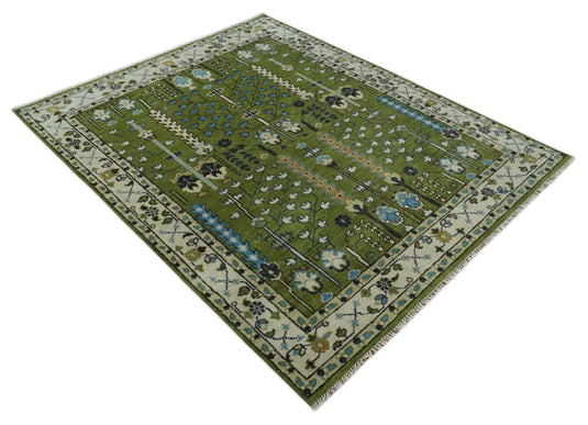 Green and White, Tree of Life Vintage Persian Hand Knotted, Antique Turkish 8x10 Wool Rug, Living Room | CP1617810S