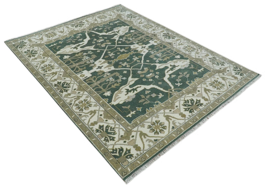 Hand Knotted Oriental Oushak Rug Green, Ivory and Olive Multi Size Ideal for Living, Bedroom, and Dining Room