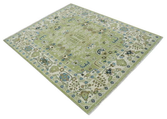 Traditional Turkish Antique Hand knotted Light Green, Ivory and Silver 8x10 and 10x14 ft Bedroom, Living Room Rug ,wool Area Rug