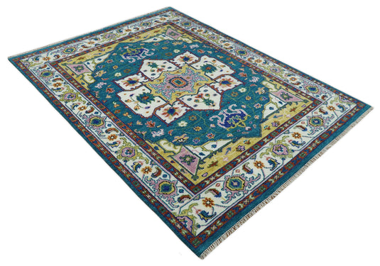 Hand Knotted Medallion Heriz Serapi Rug Teal and Gold Multi Size Ideal for Living, Bedroom, and Dining Rooms | CP699