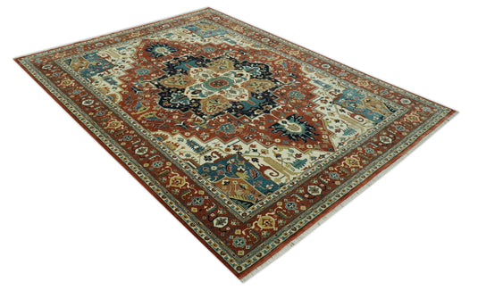 Hand Knotted Traditional Herati Maroon, Cream, Teal And Beige Wool Rug 9X12 ft Ideal for Living, Bedroom And Dining Rooms | CP2447912