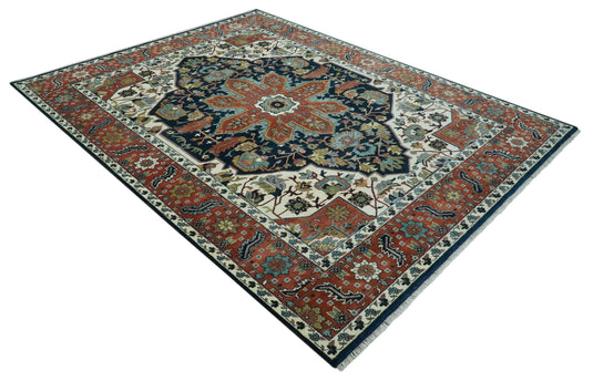 Hand Knotted Ivory, Black And Rust Traditional Floral Wool Rug 9x12 ft Ideal for Living, Bedroom And Dining Rooms | CP2471912